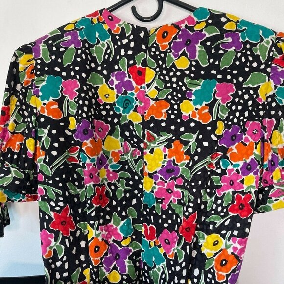 Oscar de la Renta Size 12 Silk Floral Pleated Midi Dress Belt Polka Dot Vintage - Picture 8 of 12